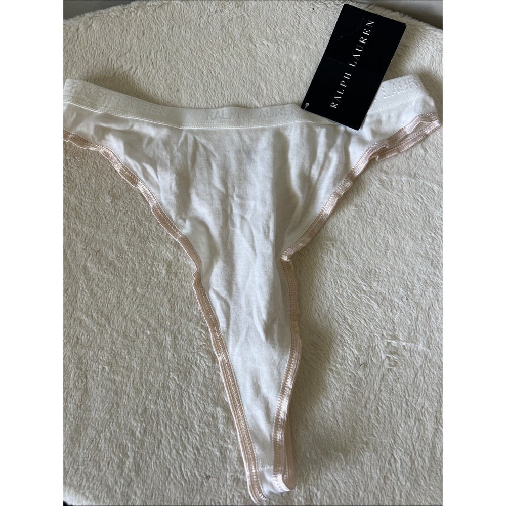 Ralph Lauren Y2K 100% Cotton High Waist Thong Panties M White Cream Trim NWT